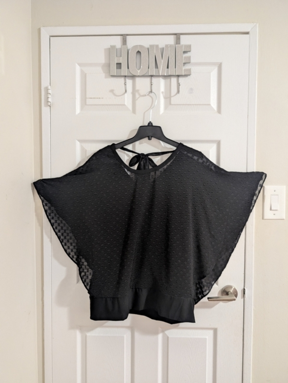 Alison Sheri Black Swiss Dot Cape Top 2-in-1 Layered Blouse Tie Back Boho Chic L